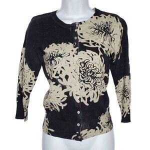 NEW The Limited Abstract Floral Cardigan Sweater Sz M Black Gray 3/4 Sleeve